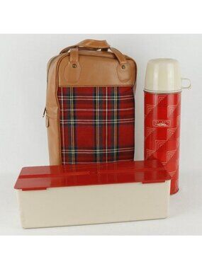 Thermos Vintage Red Plaid Icy-Hot Beverage Container 3 Piece Picnic Set